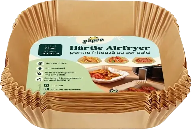 Hârtie de Copt Pătrată pentru Friteuza cu Aer Papro, Rezistentă la Căldură până la 220°C, 20 x 20 cm, Bej