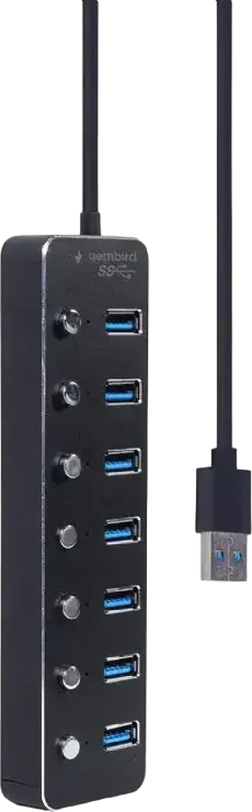 Hub USB 3.1 Gen 1 Gembird UHB-U3P7P-01, 7 Porturi USB Type-A, Viteza de Transfer 5 Gbps, Întreruptoare Individuale pe Port, Indicatori LED, Negru