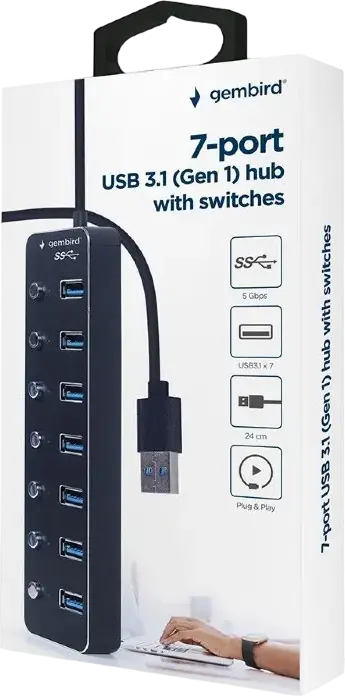 Hub USB 3.1 Gen 1 Gembird UHB-U3P7P-01, 7 Porturi USB Type-A, Viteza de Transfer 5 Gbps, Întreruptoare Individuale pe Port, Indicatori LED, Negru