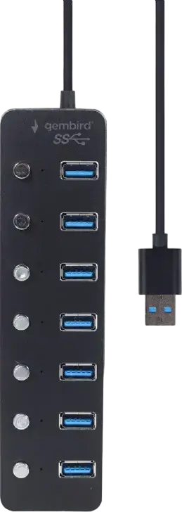 Hub USB 3.1 Gen 1 Gembird UHB-U3P7P-01, 7 Porturi USB Type-A, Viteza de Transfer 5 Gbps, Întreruptoare Individuale pe Port, Indicatori LED, Negru