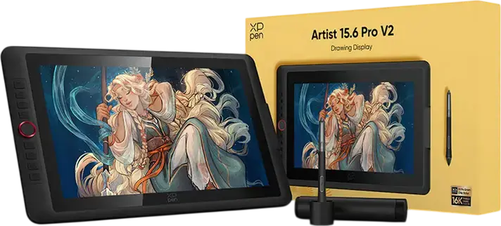 XP-Pen Artist 15.6 Pro V2 Graphics Tablet with Screen, 1920x1080 FHD, X3 Pro Smart Chip Stylus 16384 Pressure Levels, Red Dial, 99% sRGB, Black