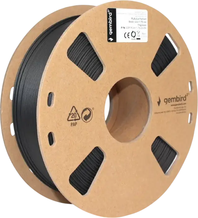 Gembird 3DP-PLA+1.75-02-G 3D Printer Filament PLA+, Black, 1.75 mm Diameter, 1 kg Net Weight, 195-235 degrees C Printing Temperature, Recyclable Cardboard Spool