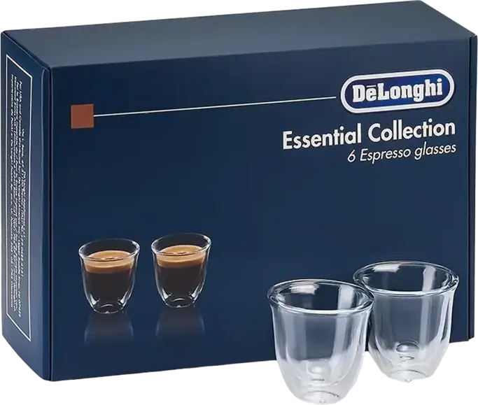 DeLonghi DLSC300 Essential Collection Double Wall Thermal Espresso Glasses, 90ml Hand-Blown Borosilicate Glass, Dishwasher Safe, Transparent