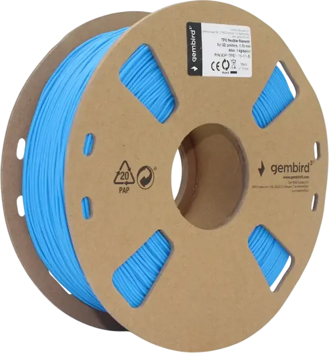 Gembird 3DP-TPE1.75-01 Flexible TPE Filament for 3D Printing, 1.75mm Diameter, 1kg, Blue, 190-240°C Printing Temperature