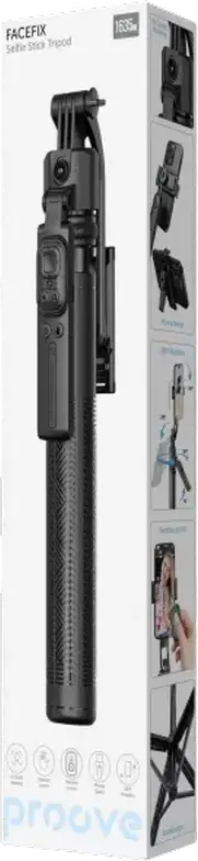 Stick Selfie Tripod Proove FaceFix, Lungime Maxima 163.5 cm, Aliaj Aluminiu si ABS, Picioare Tripod Integrate, Telecomanda, USB Type-C, Negru