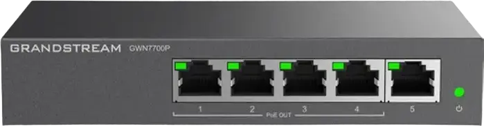 Grandstream GWN7700 Unmanaged Gigabit Ethernet Switch with PoE, 5x 10/100/1000 Mbps Ports, Plug-and-Play, Auto MDI/MDIX, IEEE 802.3x Flow Control, Black ABS Plastic