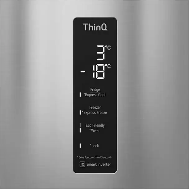 Холодильник LG GBB566PZHMN с нижней морозильной камерой, объем 462 л, Total No Frost, DoorCooling+, инверторный компрессор, ThinQ, цвет нержавеющая сталь