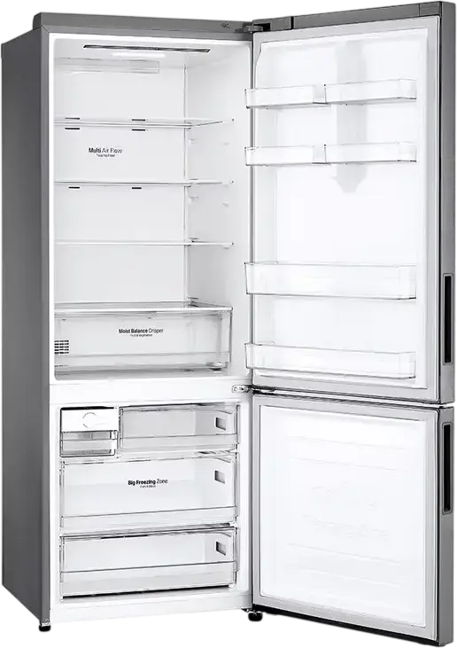 Холодильник LG GBB566PZHMN с нижней морозильной камерой, объем 462 л, Total No Frost, DoorCooling+, инверторный компрессор, ThinQ, цвет нержавеющая сталь