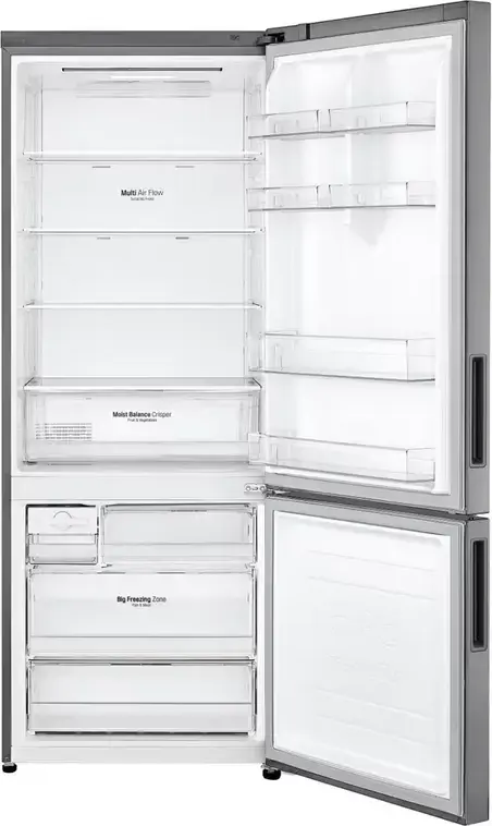 Холодильник LG GBB566PZHMN с нижней морозильной камерой, объем 462 л, Total No Frost, DoorCooling+, инверторный компрессор, ThinQ, цвет нержавеющая сталь