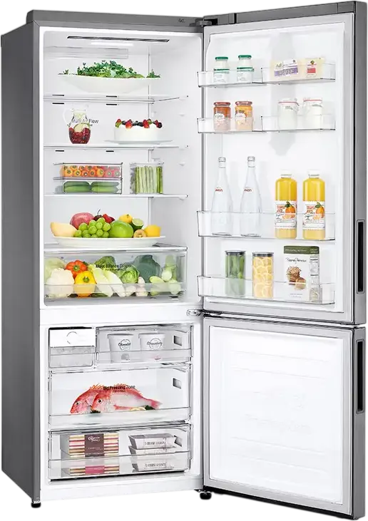 Холодильник LG GBB566PZHMN с нижней морозильной камерой, объем 462 л, Total No Frost, DoorCooling+, инверторный компрессор, ThinQ, цвет нержавеющая сталь