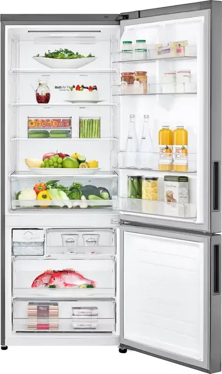 Холодильник LG GBB566PZHMN с нижней морозильной камерой, объем 462 л, Total No Frost, DoorCooling+, инверторный компрессор, ThinQ, цвет нержавеющая сталь