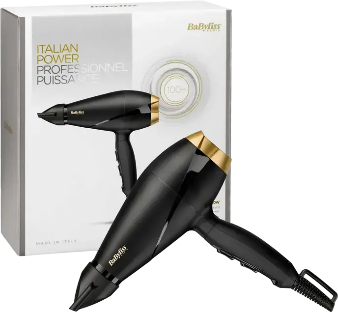 Профессиональный фен BaByliss Power Pro 6704E, AC-мотор 2000 Вт, 3 режима скорости и температуры, функция холодного обдува, кабель 2.8 м, концентратор, Made in Italy