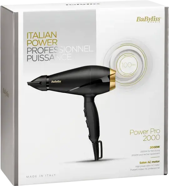 Профессиональный фен BaByliss Power Pro 6704E, AC-мотор 2000 Вт, 3 режима скорости и температуры, функция холодного обдува, кабель 2.8 м, концентратор, Made in Italy