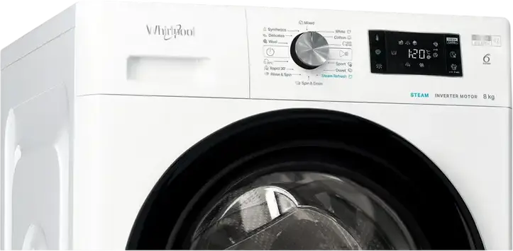 Whirlpool FFB 8258 BV EE Freestanding Washing Machine, 8kg, 1200 rpm, 6th Sense Technology, Inverter Motor, Steam Refresh, FreshCare+, White/Black