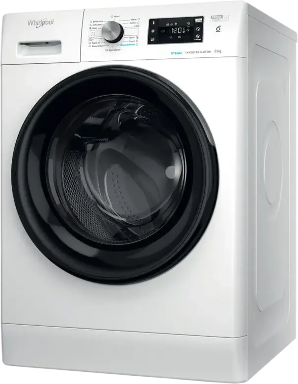 Whirlpool FFB 8258 BV EE Freestanding Washing Machine, 8kg, 1200 rpm, 6th Sense Technology, Inverter Motor, Steam Refresh, FreshCare+, White/Black