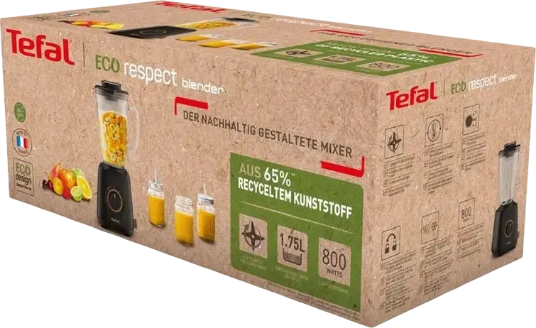Tefal BL46EN38 Eco Respect Blender, 800W, 1.75L Heat-Resistant Glass Jar, 4 Stainless Steel Blades, Ice Crushing, Smart Lock, Black, Made in France