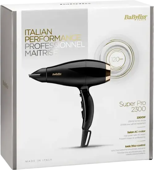 BaByliss Super Pro 6714E Professional Hair Dryer, 2300W AC Motor, Ionic Ceramic Technology, Cold Shot, 2.8m Swivel Cord, with 2 Concentrator Nozzles