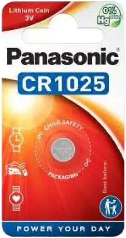 Panasonic CR1025 Lithium Manganese Dioxide 3V Coin Cell Battery, 10mm x 2.5mm Button Cell, 30mAh Capacity, Mercury Free, Child Safety Packaging