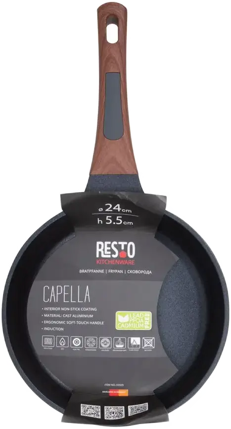 Resto Kitchenware Capella 93509 Cast Aluminum Frying Pan 24cm, Non-stick PFLUON Coating, Induction Compatible, Soft-touch Wood-effect Handle, Black