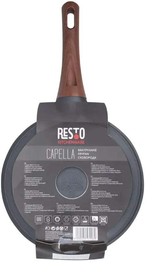 Resto Kitchenware Capella 93509 Cast Aluminum Frying Pan 24cm, Non-stick PFLUON Coating, Induction Compatible, Soft-touch Wood-effect Handle, Black