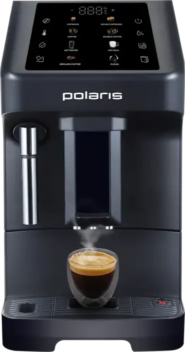 Polaris PACM 2048SW Automatic Espresso Machine, 1450W, 20 Bar Pump, Stainless Steel Millstone Grinder, 1.8L Tank, 5 Programs, Black Stainless Steel