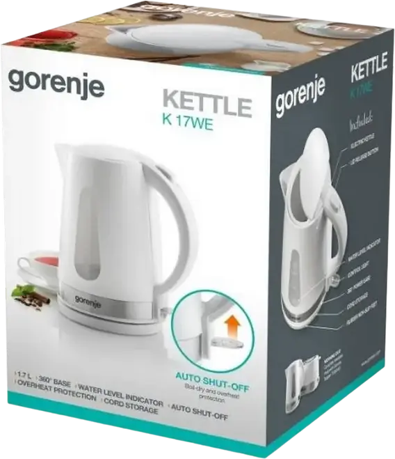 Fierbător electric Gorenje K17WE, Capacitate 1.7L, Putere 2200W, Corp din Plastic, Alb, Baza Rotativă 360, Protecție Fierbere Secată, Filtru Anti-calcar