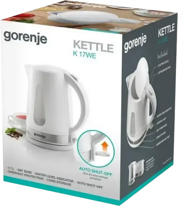 Fierbător electric Gorenje K17WE, Capacitate 1.7L, Putere 2200W, Corp din Plastic, Alb, Baza Rotativă 360, Protecție Fierbere Secată, Filtru Anti-calcar