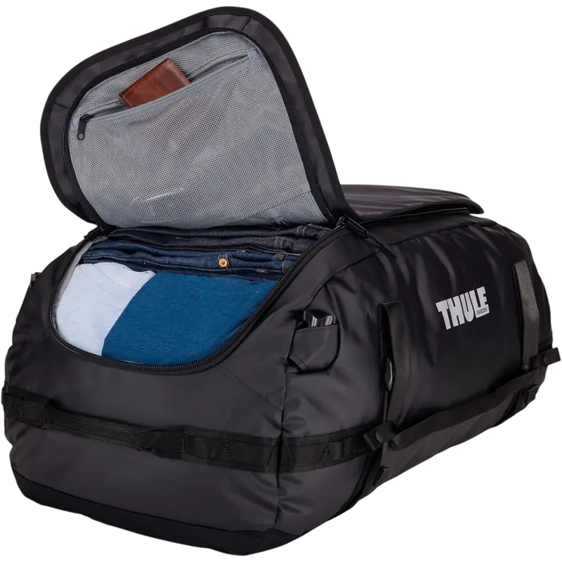 Geanta Thule Chasm Transformer 90L Hibrid Rucsac si Duffel, Nylon Poliester Rezistenta la Apa, Curele Padded Convertibile, Deschidere Lata, Negru