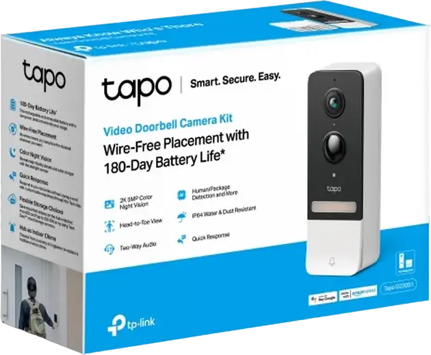 Kit Cameră Sonerie Video TP-Link Tapo D230S1, Rezoluție 2K 5MP, Senzor Starlight, Rezistent la Apă și Praf IP64, Audio Bidirecțional, Baterie Reîncărcabilă