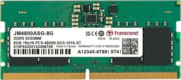Memorie RAM Laptop Transcend JetRam JM4800ASG-8G 8GB DDR5 4800MHz PC5-38400 SO-DIMM 262-Pin, CL40, 1.1V, On-die ECC