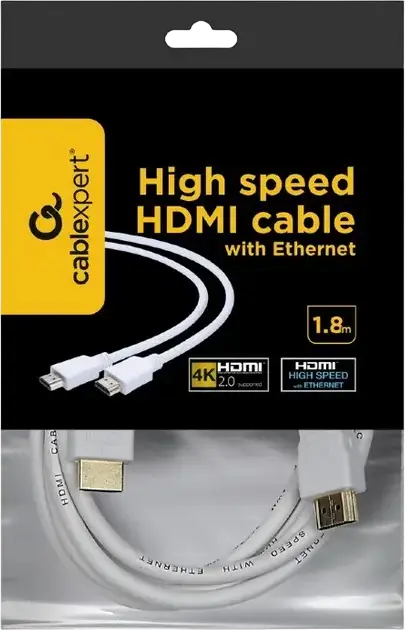 Cablu HDMI 2.0 High Speed Cablexpert CC-HDMI4-W-6 cu Ethernet, 4K UHD @ 60Hz, 18 Gbps, Conectori Platinati cu Aur, Triplu Ecranat, Alb, 1.8m
