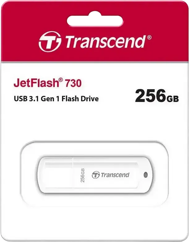 Transcend JetFlash 730 256 GB USB 3.2 Gen 1 Flash Drive, USB Type-A High Speed Storage, Up to 90MB/s Read and 40MB/s Write Speed, White Plastic Body with Cap, Transcend Elite Software