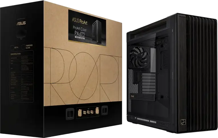 Carcasa Mid Tower ASUS ProArt PA602 Wood Edition, Suport E-ATX, Lemn Thermowood certificat FSC, Sticla Temperata, Radiator 420mm, Ventilatoare 200mm