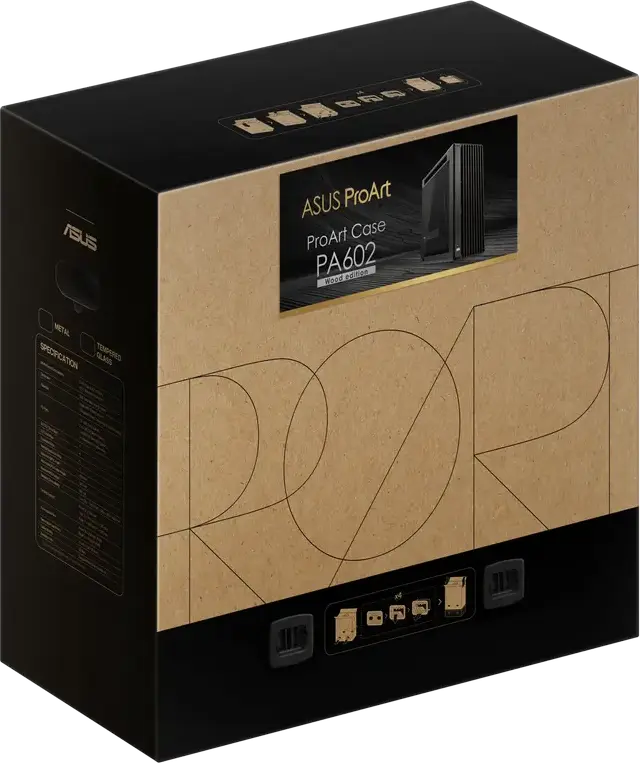 Carcasa Mid Tower ASUS ProArt PA602 Wood Edition, Suport E-ATX, Lemn Thermowood certificat FSC, Sticla Temperata, Radiator 420mm, Ventilatoare 200mm