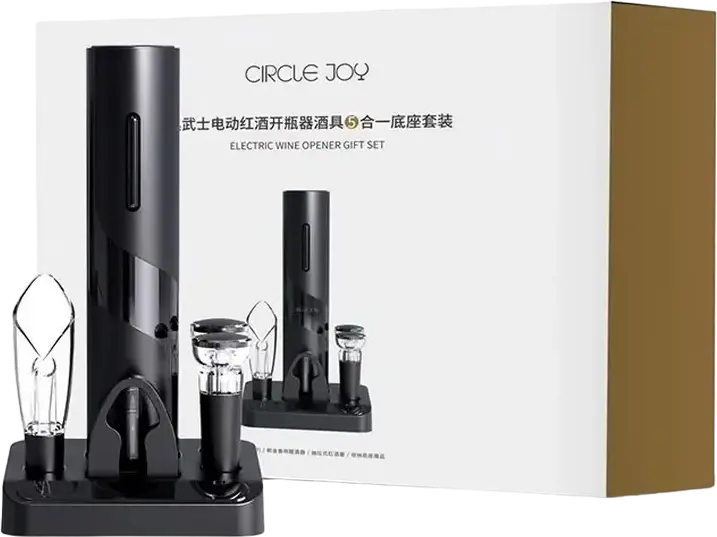 Circle Joy CJ-TZ08 Electric Wine Opener Set, Automatic Corkscrew with Aerator, Decanter, 2 Vacuum Stoppers and Foil Cutter, Storage Stand, Black