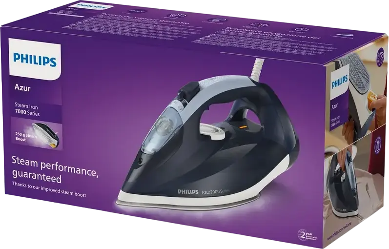 Утюг с паром Philips Azur серии 7000 DST7041/20, 2800 Вт, подошва SteamGlide Elite, постоянный пар 50 г/мин, паровой удар 250 г, Quick Calc Release, синий