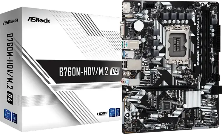 Материнская плата ASRock B760M-HDV/M.2 D4 Micro-ATX LGA1700 Intel B760 для 12, 13, 14-го поколений Core, DDR4 64ГБ, PCIe 4.0, Dual M.2 Gen4, HDMI DP VGA, 1Гб LAN