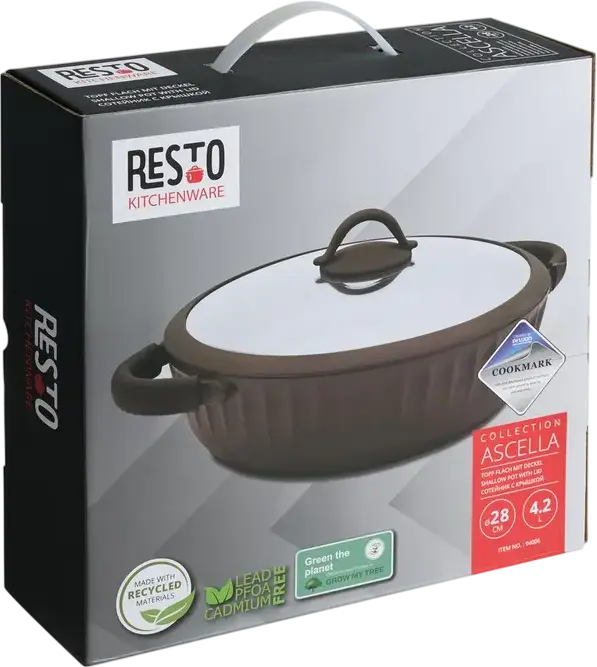 RESTO 94006 ASCELLA Oval Casserole 4.2L, Aluminum with Non-stick Pfluon Cookmark Coating, Glass and Silicone Lid, 28cm Bottom Diameter, Brown