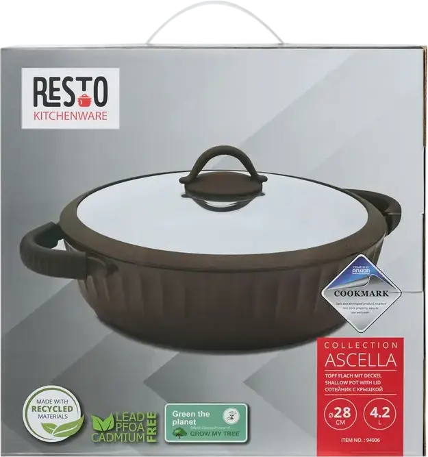 RESTO 94006 ASCELLA Oval Casserole 4.2L, Aluminum with Non-stick Pfluon Cookmark Coating, Glass and Silicone Lid, 28cm Bottom Diameter, Brown