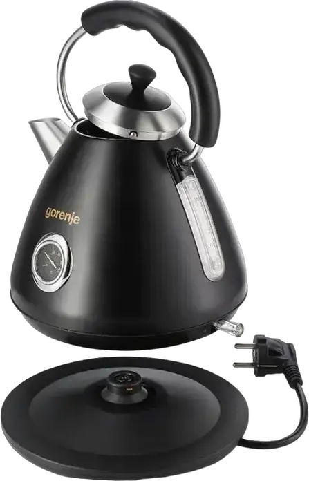 Электрический чайник Gorenje K17CLBK Classico, 1.7 л, 2200 Вт, черный металлический корпус, скрытый нагревательный элемент, база 360°, термометр