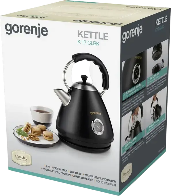 Электрический чайник Gorenje K17CLBK Classico, 1.7 л, 2200 Вт, черный металлический корпус, скрытый нагревательный элемент, база 360°, термометр