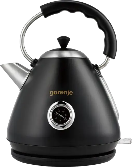 Электрический чайник Gorenje K17CLBK Classico, 1.7 л, 2200 Вт, черный металлический корпус, скрытый нагревательный элемент, база 360°, термометр