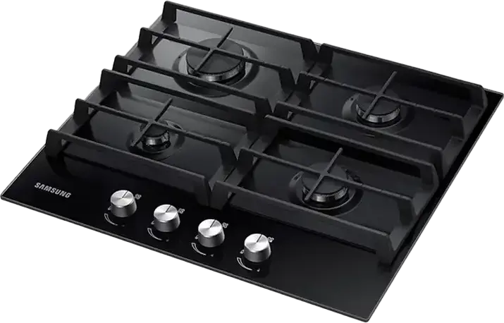 Samsung NA64H3000AK Built-in Gas Hob, 4 Burners with Express Burner, Tempered Glass Surface, Cast Iron Endless Rail Grates, 60x52 cm, Black