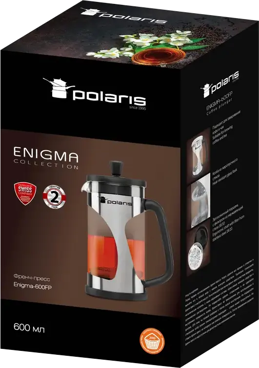 Polaris Enigma-600FP French Press Coffee Maker, 0.6L Capacity, Stainless Steel and Glass, Mesh Filter, Dishwasher Safe, Black/Inox