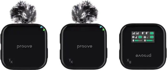 Proove Studio Wireless Microphone System Digital Lavalier Mic with Noise Cancellation, 100m Range, Lightning USB-C AUX Bluetooth, LED Display, Black