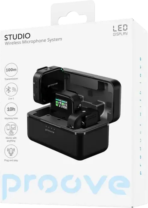 Proove Studio Wireless Microphone System Digital Lavalier Mic with Noise Cancellation, 100m Range, Lightning USB-C AUX Bluetooth, LED Display, Black