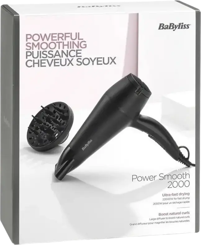 BaByliss D215DE Hair Dryer 2000W, Ionic Function for Frizz Reduction, 2 Temperature & Speed Settings, Cold Air Shot, Diffuser and Concentrator, Black