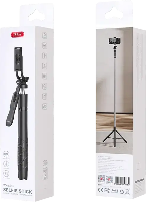 XO SS15 Selfie Stick Tripod with Detachable Bluetooth Remote, 180 cm Extended Length, Stainless Steel and ABS, Rotatable and Liftable, Black