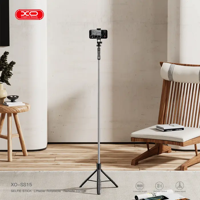 XO SS15 Selfie Stick Tripod with Detachable Bluetooth Remote, 180 cm Extended Length, Stainless Steel and ABS, Rotatable and Liftable, Black