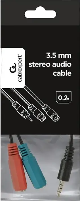 Аудио-адаптер Cablexpert CCA-417 разветвитель 3.5мм 4-pin TRRS (папа) на 2x 3.5мм 3-pin TRS (мама) для наушников и микрофона, 0.2м, черный